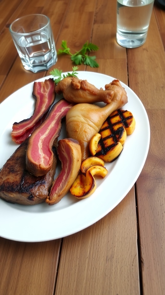 A delicious assortment of meats including steak, bacon, and chicken on a rustic table.
